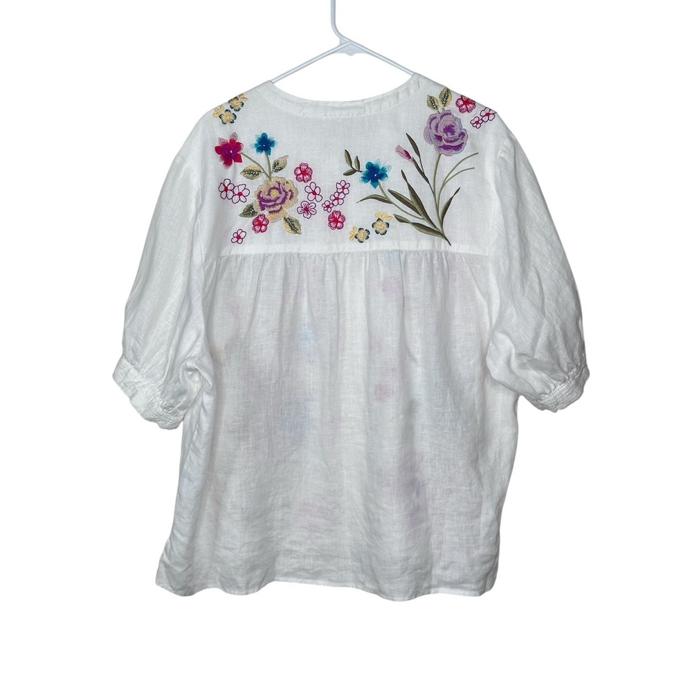Johnny Was XL Jessi Shirred Yoke Blouse White Linen Embroidered Button Up Top - Picture 8 of 14